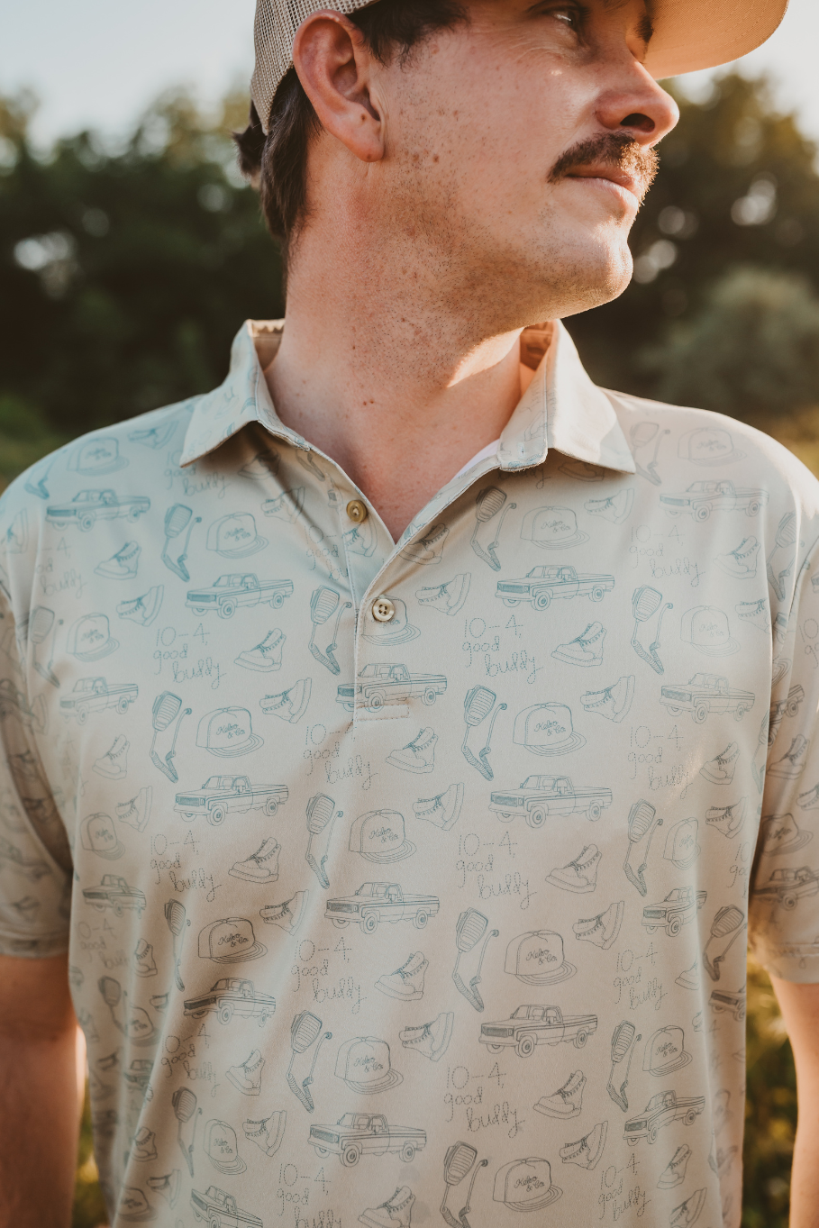10-4 good buddy men's performance farm polo in light green and blue print