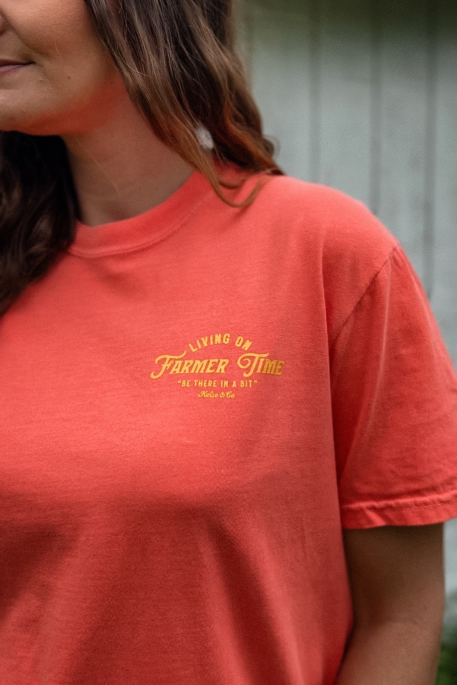 Living On Farmer Time Graphic Tee in Bright Coral - Rosebud's Tees
