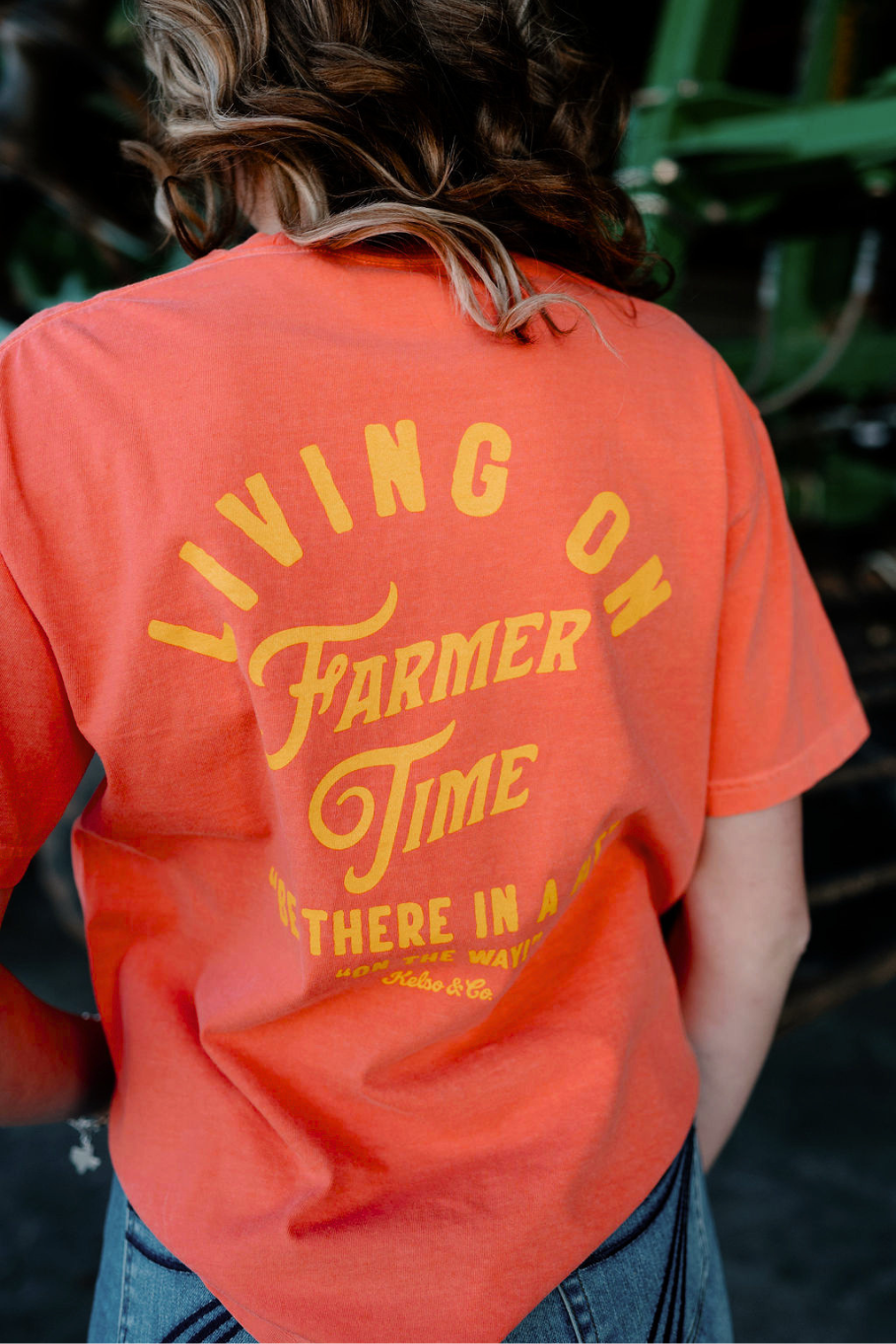 Living On Farmer Time Graphic Tee in Bright Coral - Rosebud's Tees
