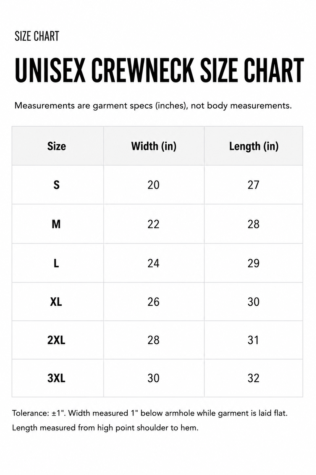 Unisex crewneck size chart showing chest width and body length measurements for sizes S through 3XL.