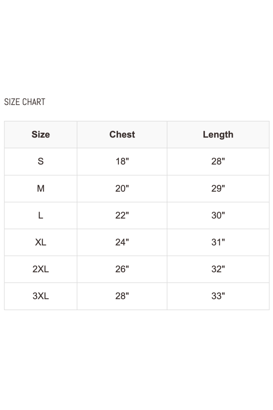 Size chart for clothing with chest and length measurements.