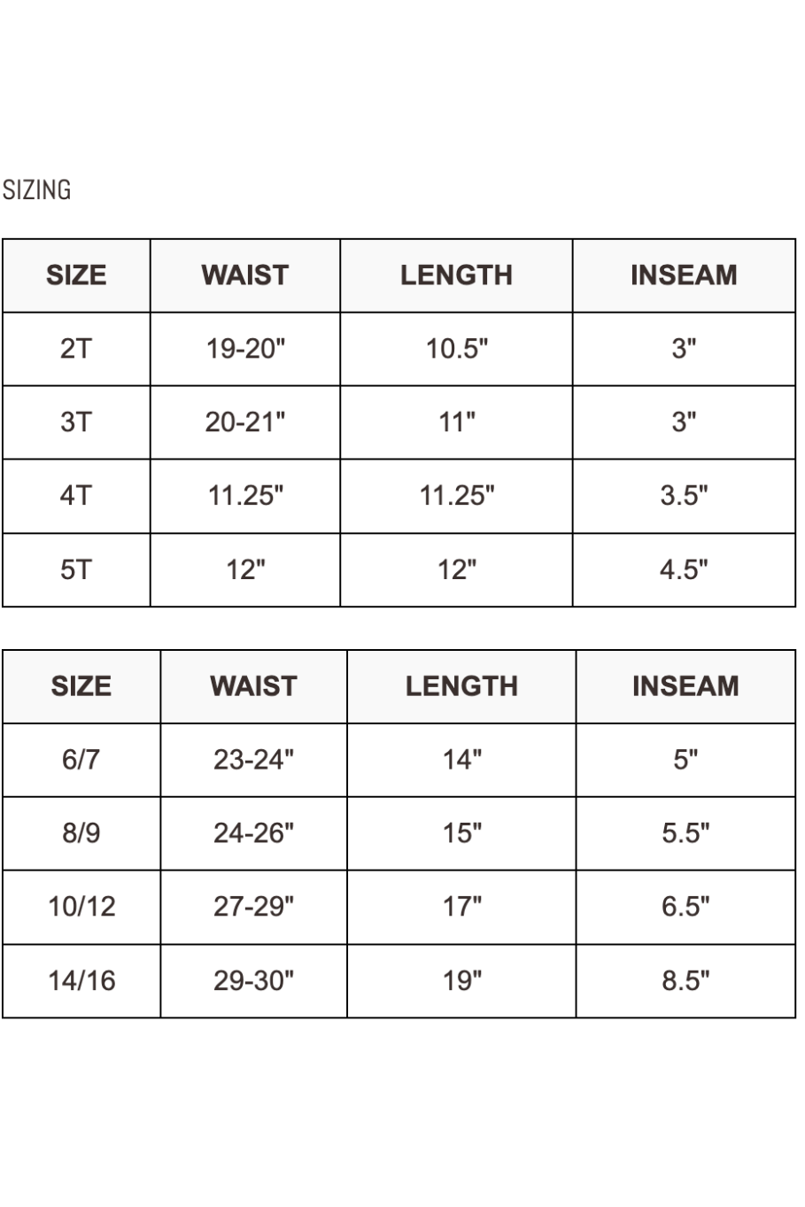 Boys swim trunk size chart