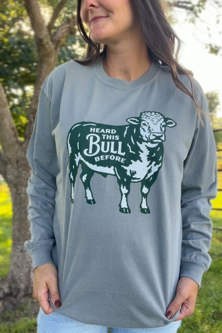 gray comfort colors long sleeve with dark green and ivory cow that says "hard this bull before"