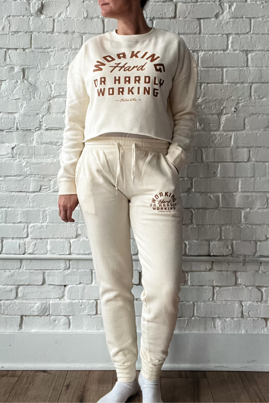 woman wearing working hard or hardly working kelso and co loungewear set