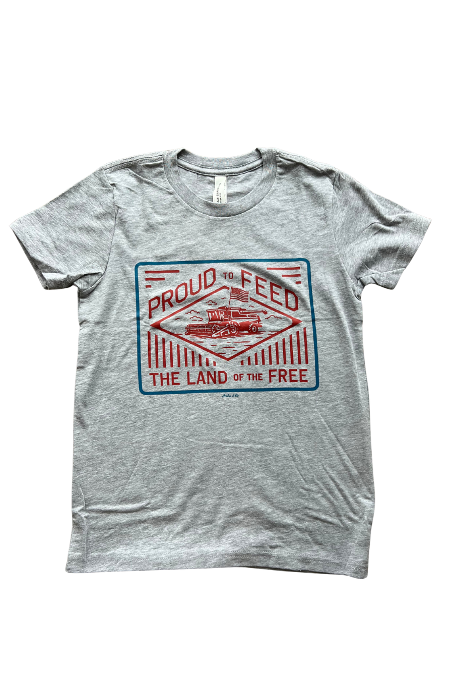 proud to feed the land of the free patriotic kids graphic tee with a combine and American flag