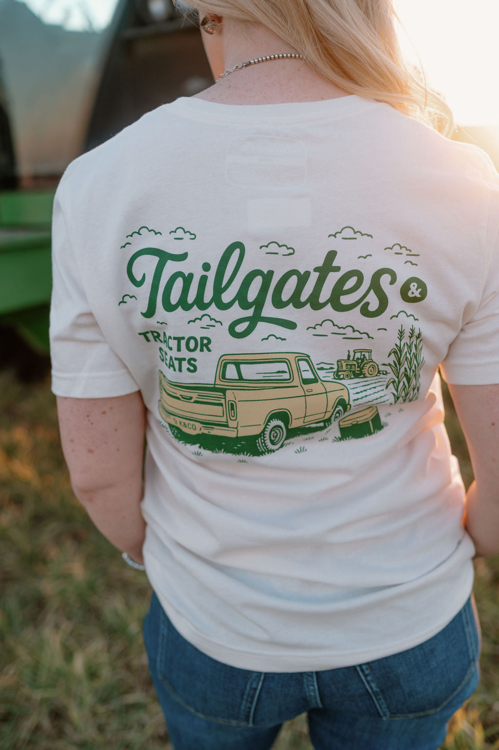 back of shirt that says tailgates and tractor seats with vintage pick up truck