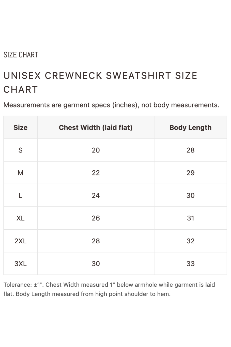 Unisex crewneck sweatshirt size chart with measurements in inches.