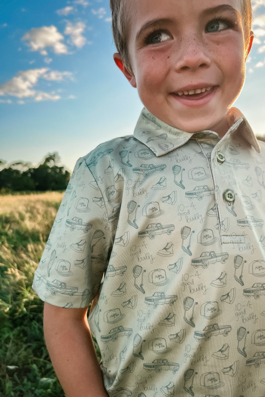 close up of a kids polo with cb radio and an 1980s truck