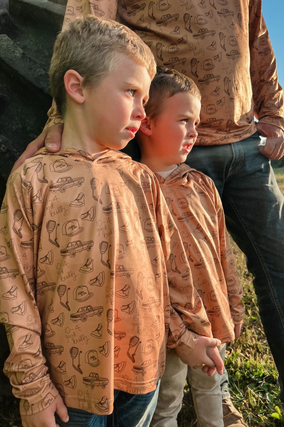 two boys in 10-4 good buddy performance hoodies