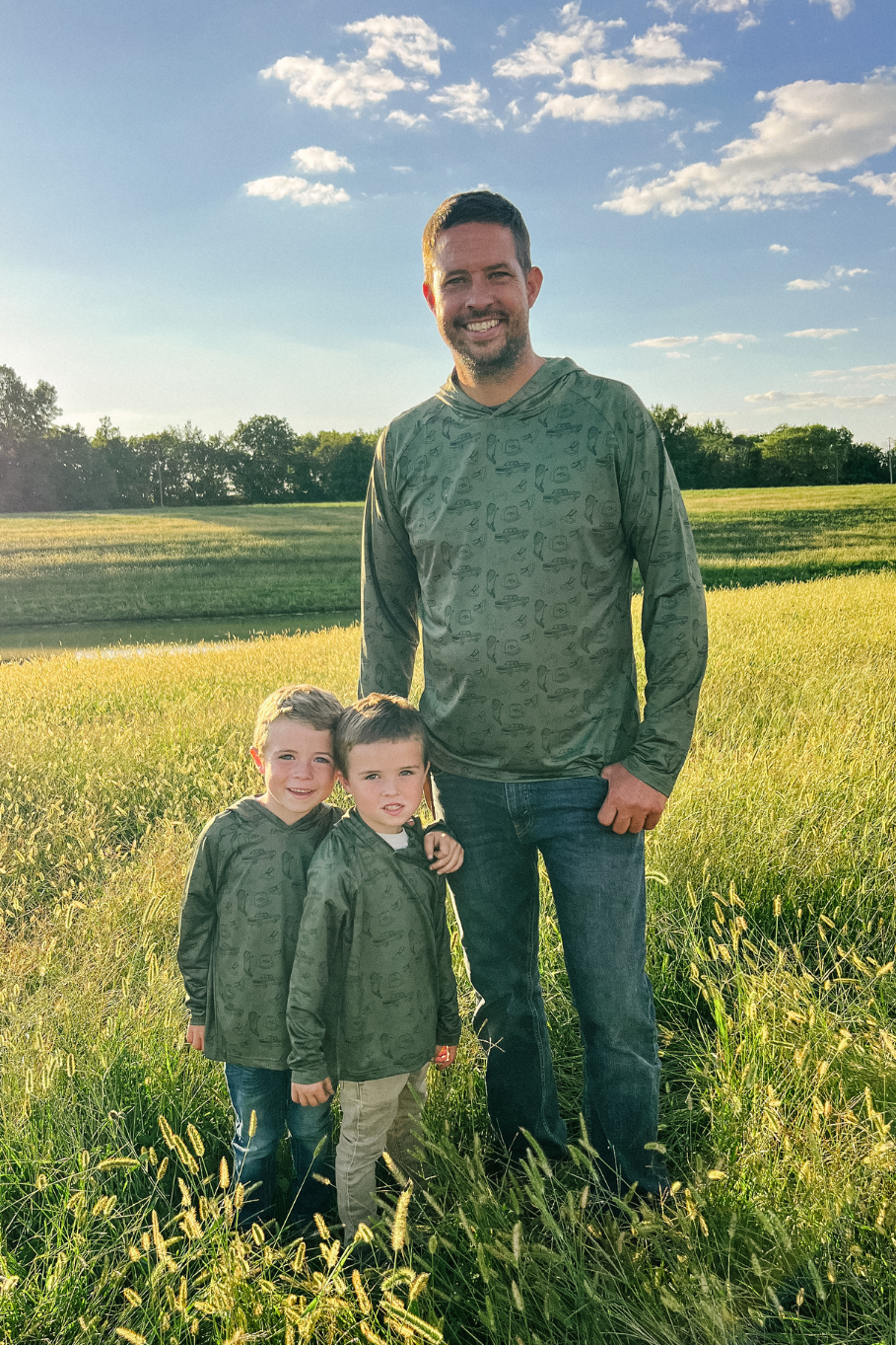 dad and sons wearing 10-4 good buddy olive hoodie