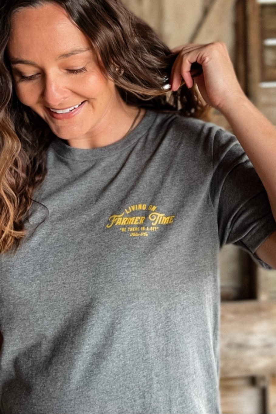 Living On Farmer Time Graphic Tee in Gray