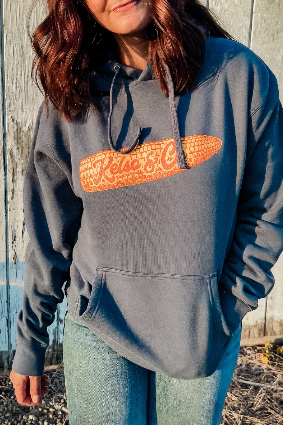 Vintage Style Kelso & Co Logo Storm Blue Hoodie - Rosebud's Tees