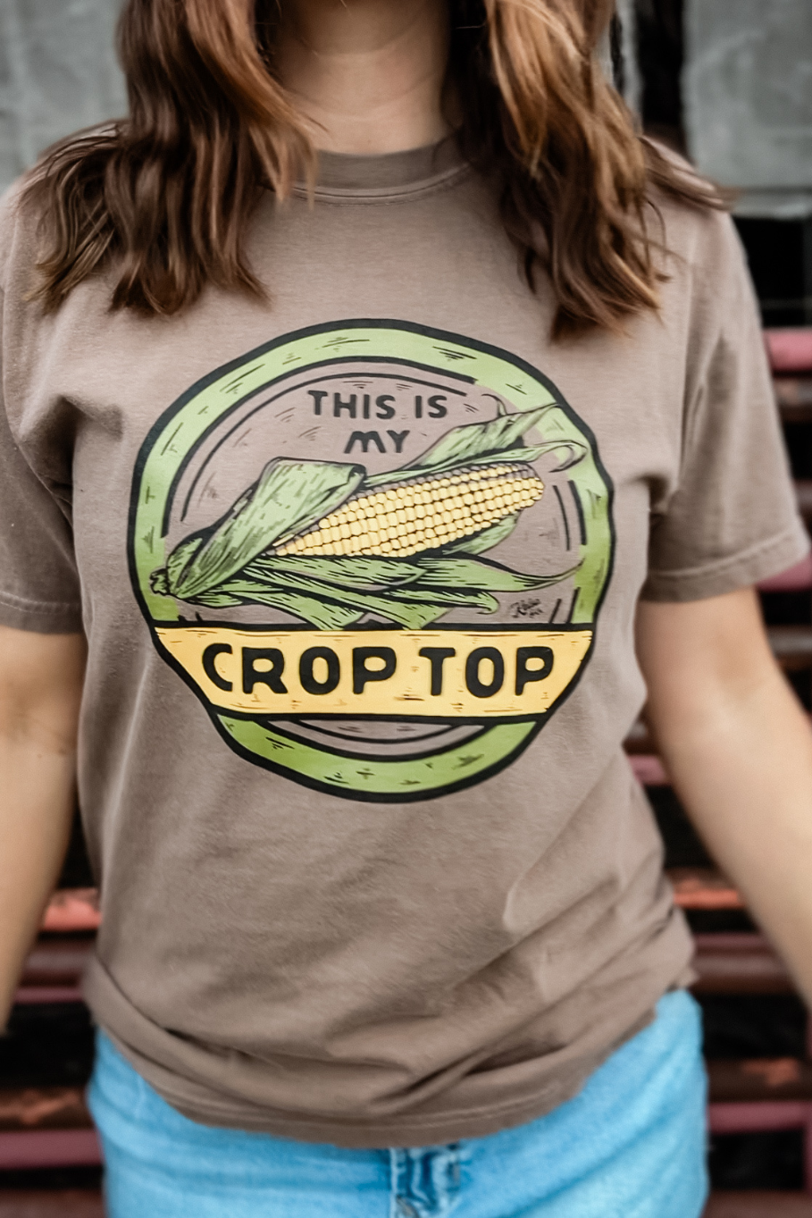 this is my crop top brown farm graphic tee