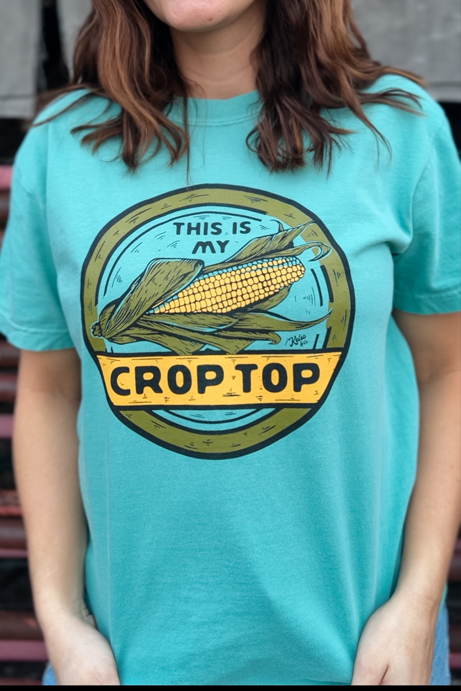 this is my crop top turquoise farm graphic tee