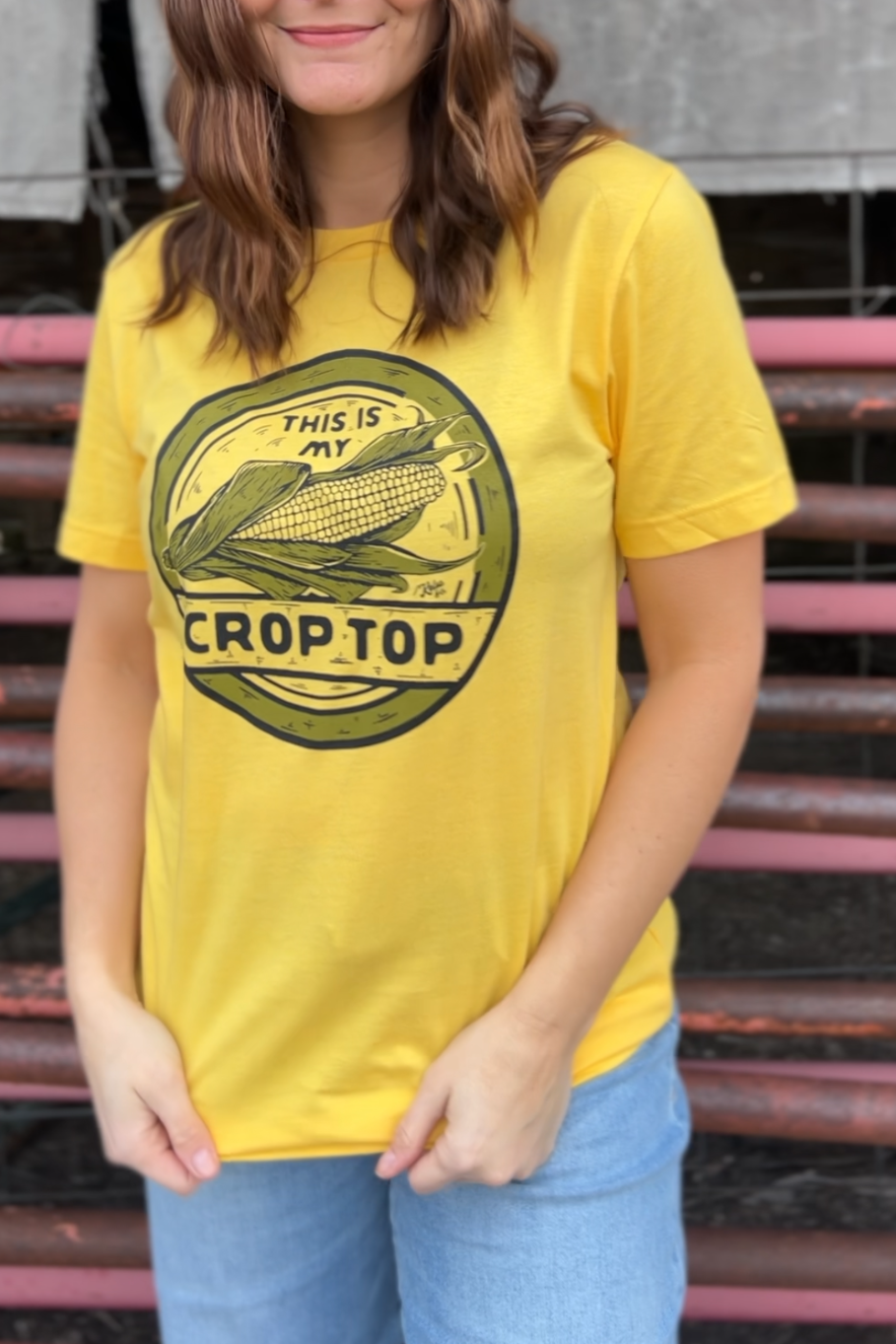 This is my crop top yellow farm graphic tee