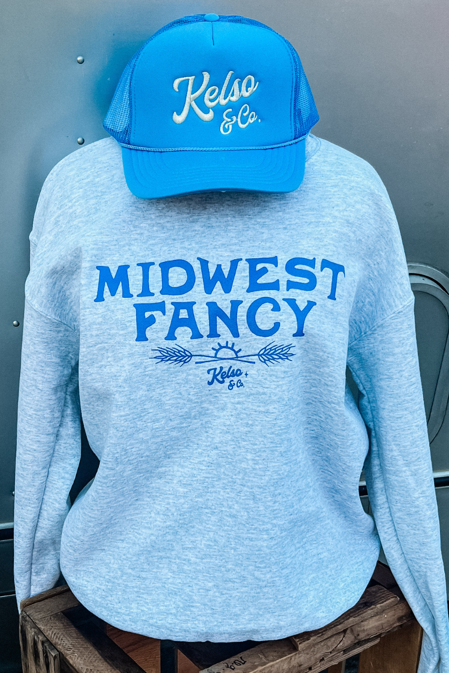 midwest fancy graphic crewneck sweatshirt with kelso and company hat