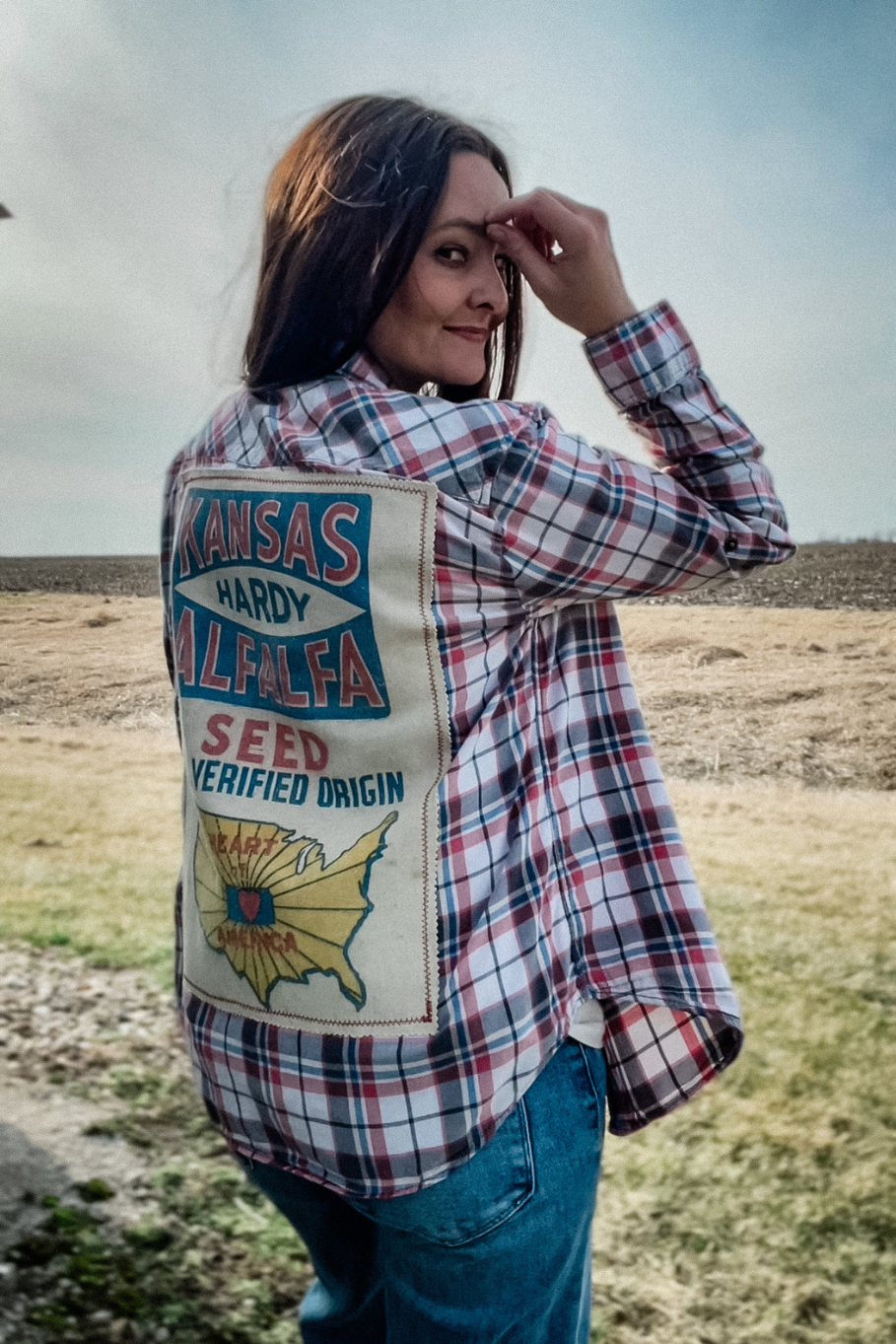 Size Medium Upcycled Pearl Snap Shirt- Kansas Alfalfa Seed