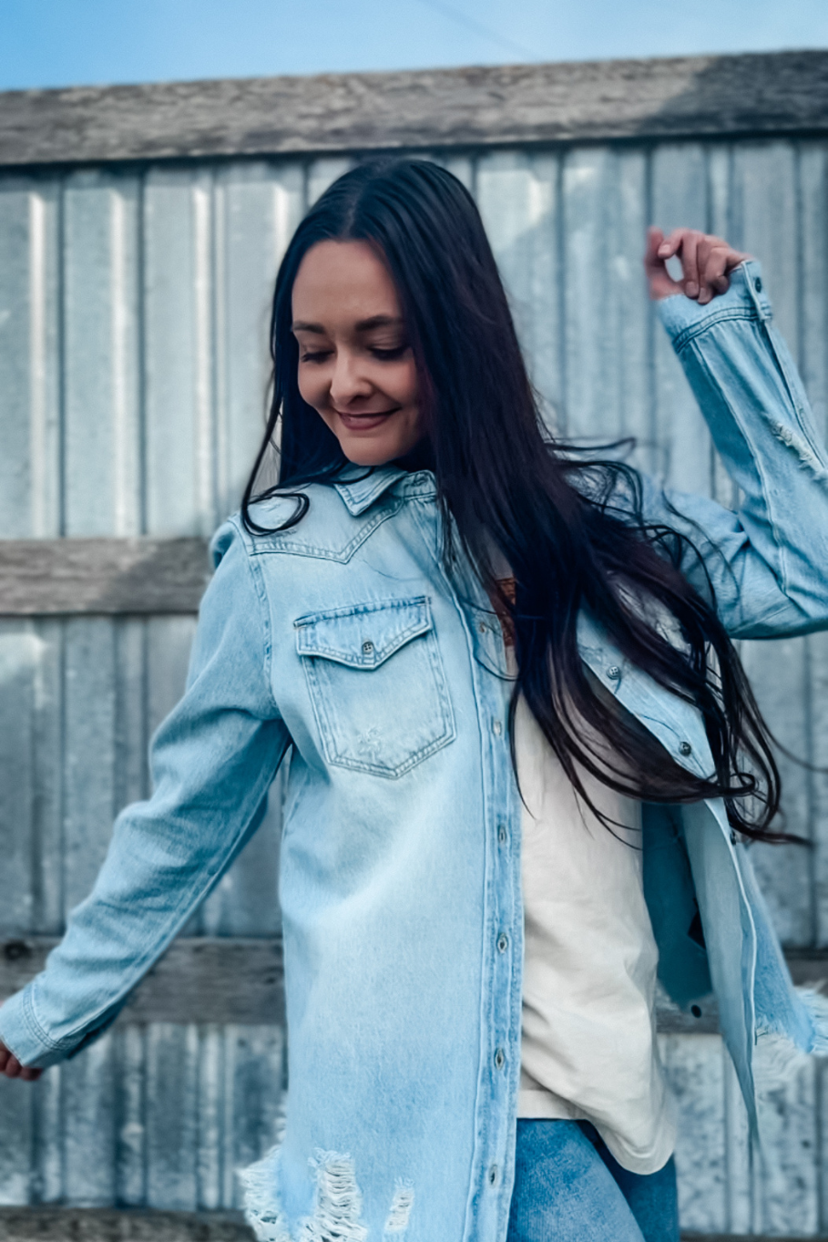 Distressed Light Wash Denim Shirt | Sizes S- 3X