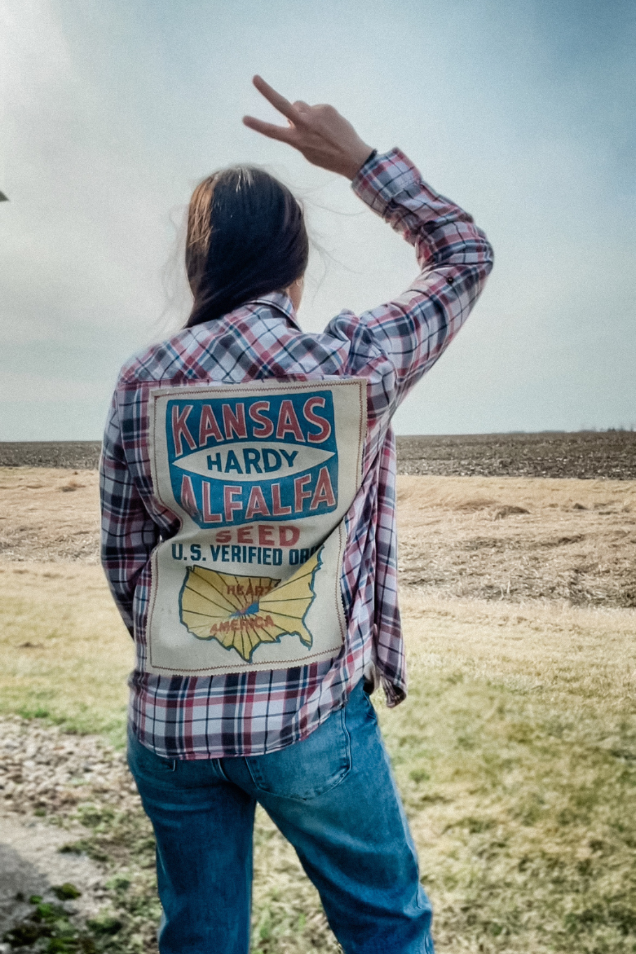 Size Medium Upcycled Pearl Snap Shirt- Kansas Alfalfa Seed - Rosebud's Tees