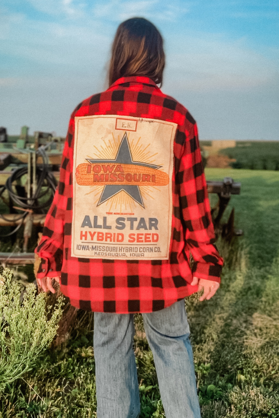 Size XL Upcycled Flannel- Iowa Missouri All Star Seed - Rosebud's Tees