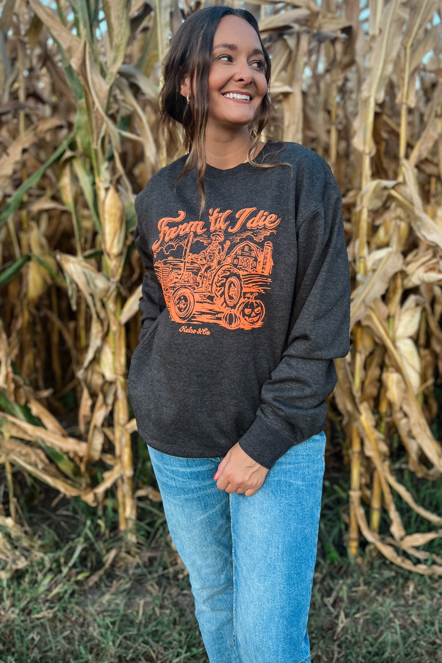 Farm &#39;Til I Die Crewneck in Heather Charcoal