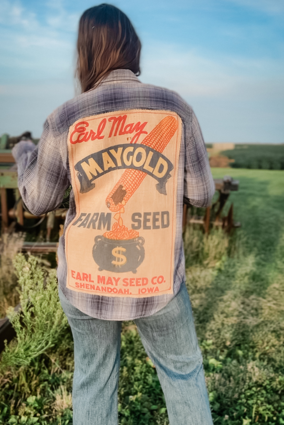 Size M Upcycled Flannel -Earl May Maygold Farm Seed Sack