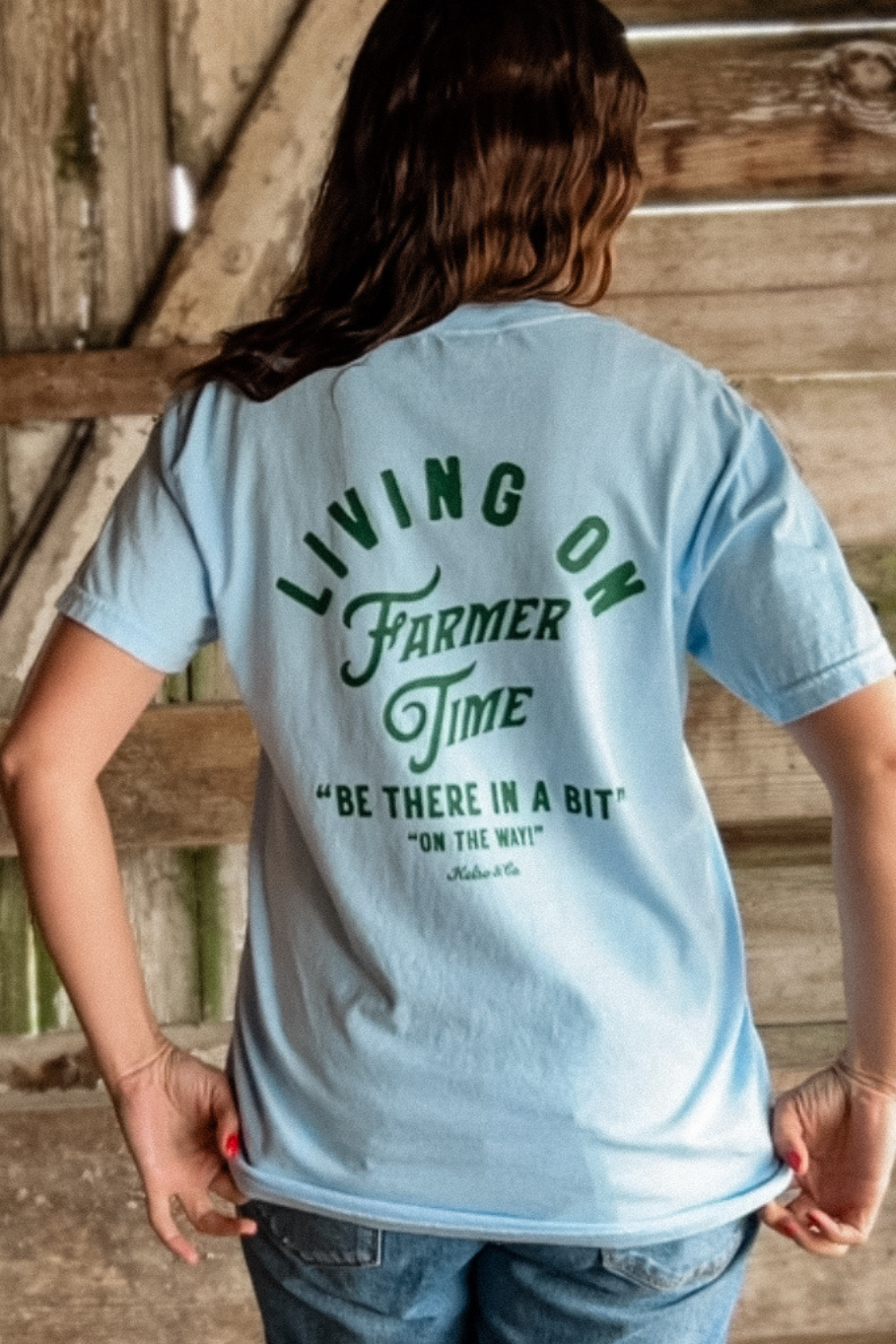 Living On Farmer Time Graphic Tee in Light Blue