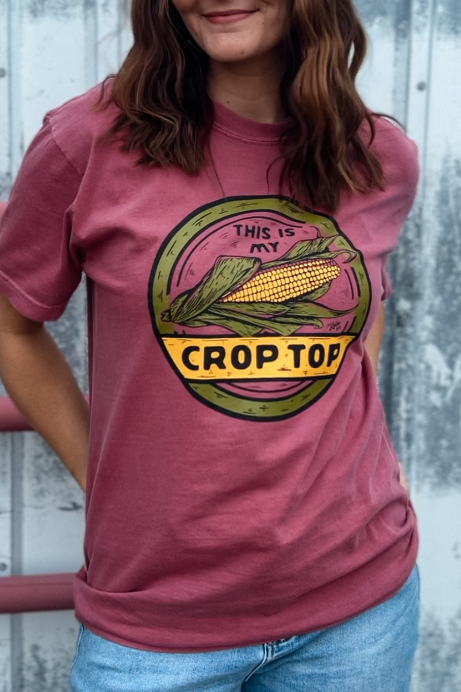 this is my crop top farm graphic tee in brick