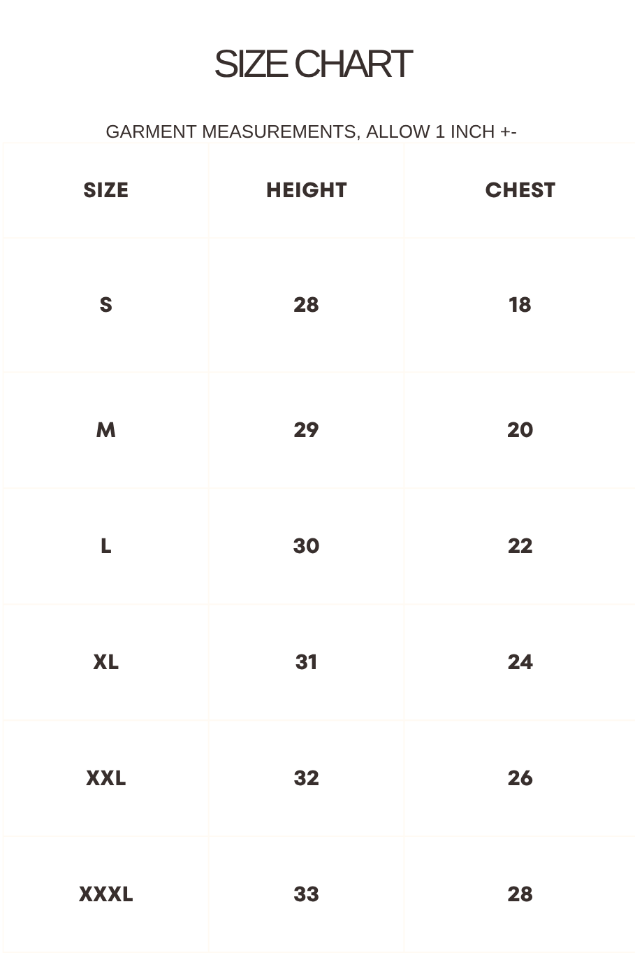 Size chart for bella canvas triblend tees