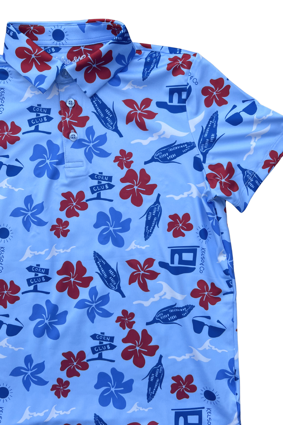 Close up picture of the Hawaiian inspired print. 