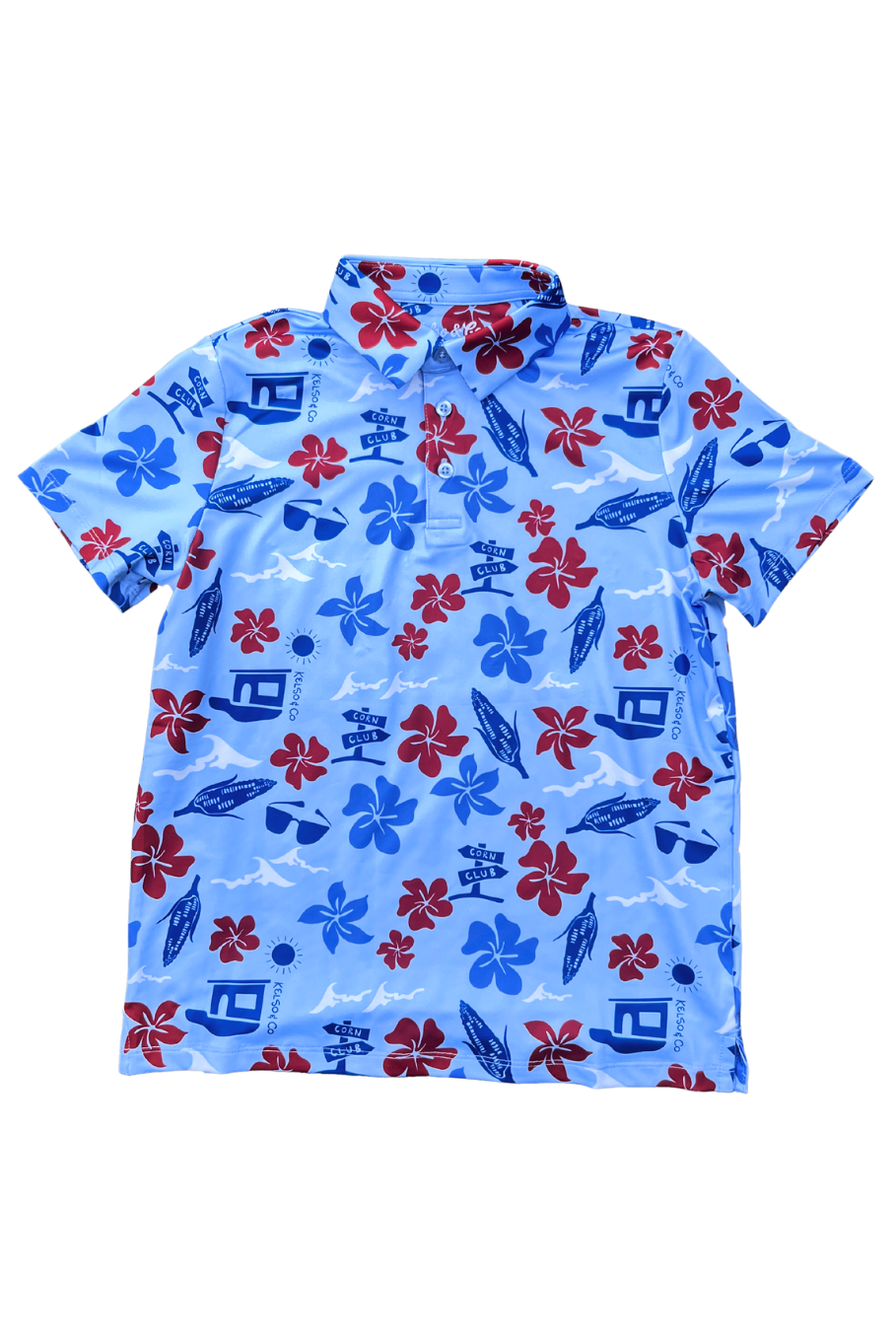 Picture of the front of a kid's blue Hawaiian inspired polo. 
