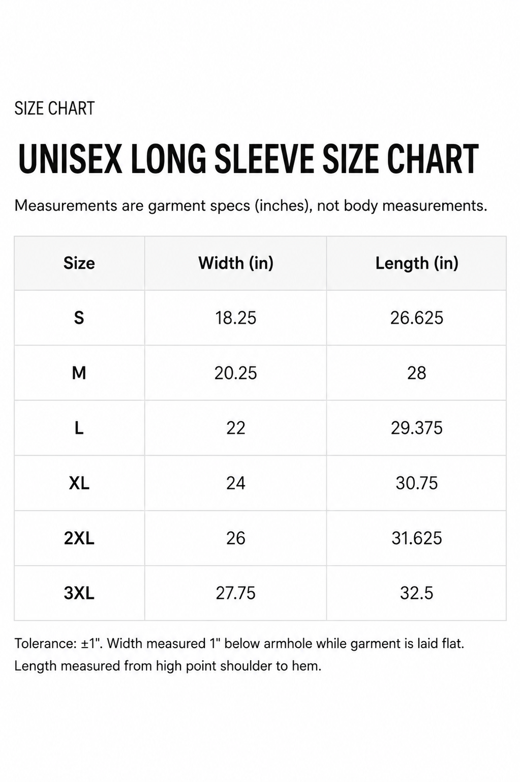 A size chart table for unisex long sleeve garments, showing sizes S through 3XL with width and length measurements in inches on a white background.