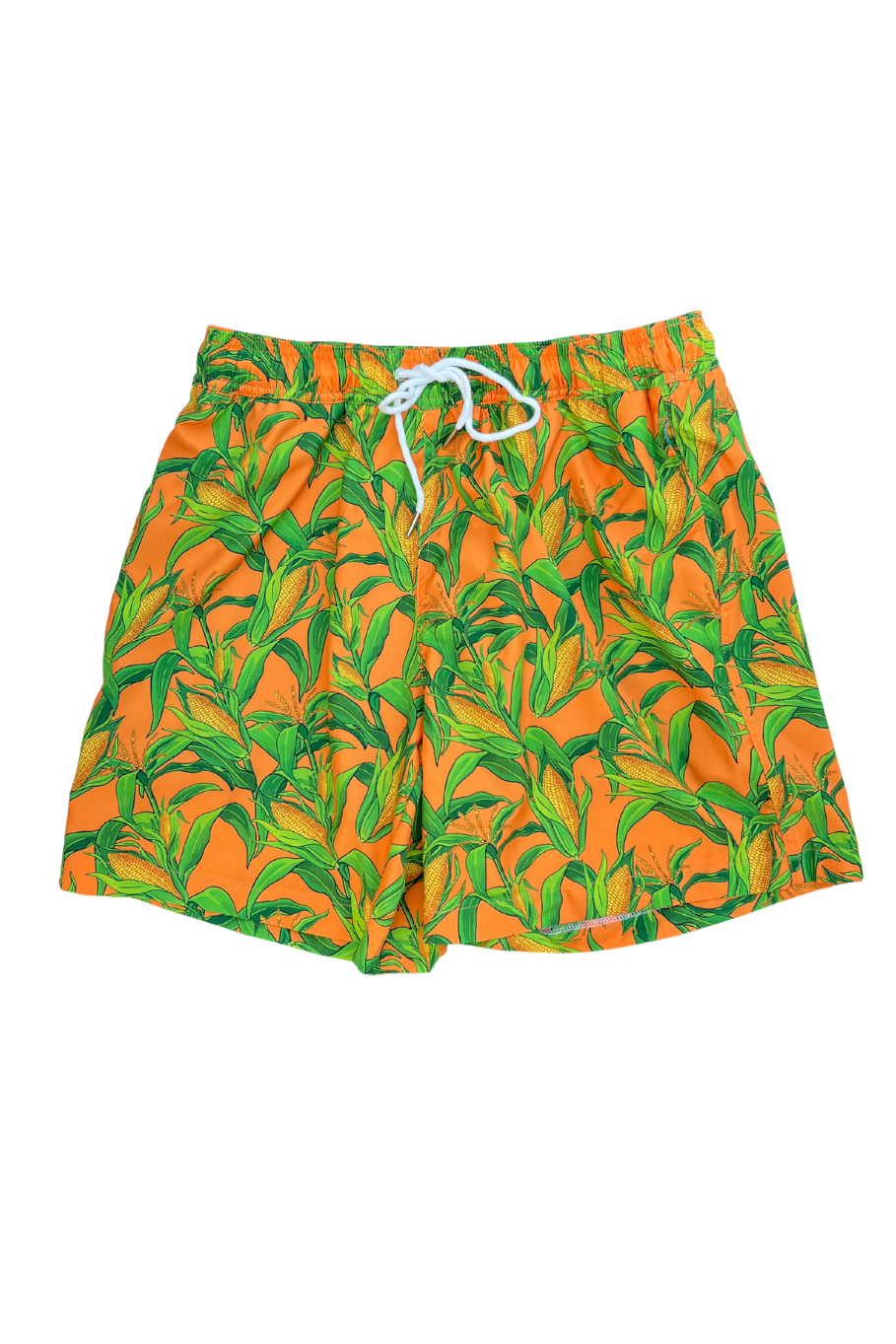 orange and green tropical style corn stalk swim trunks