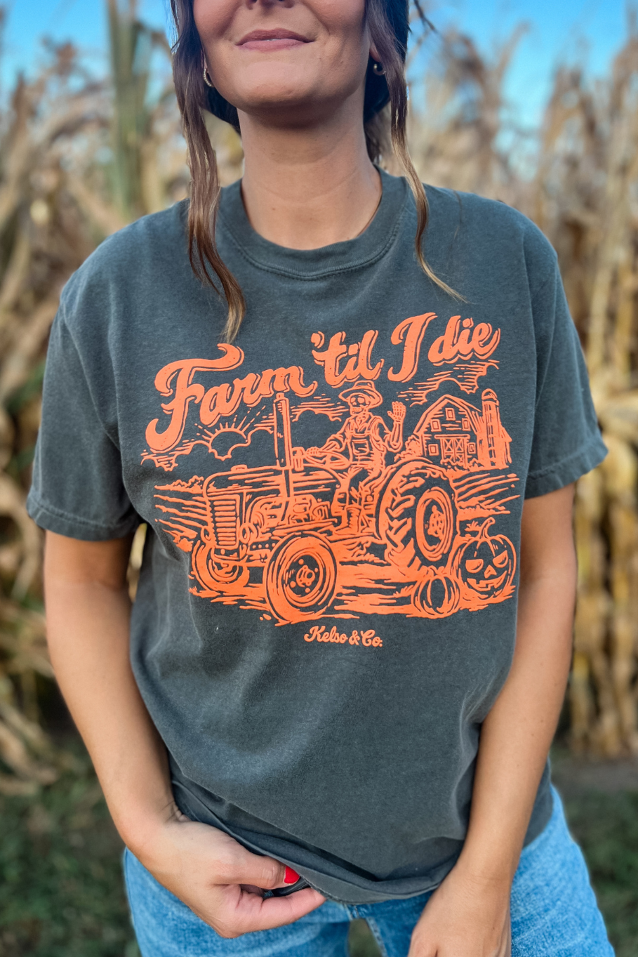 skeleton riding on a tractor halloween  tee