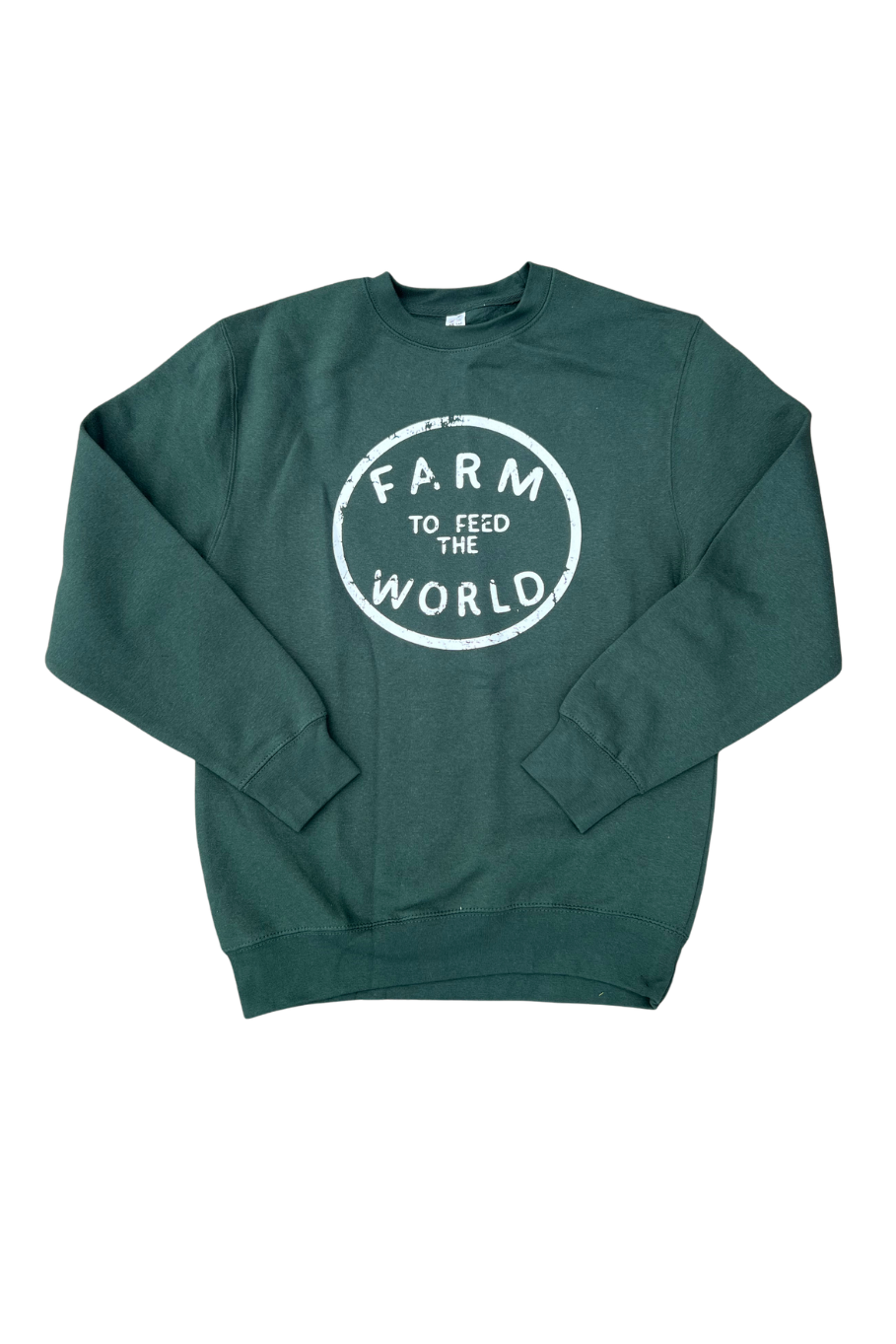 A dark green crewneck sweatshirt with a distressed white circular graphic on the chest that reads 'FARM TO FEED THE WORLD', displayed flat against a plain white background.