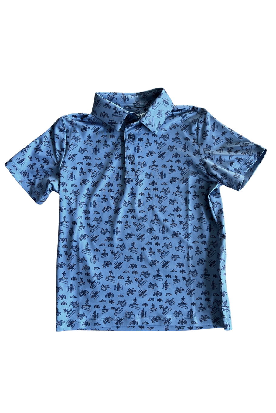 Flat lay of the front of kids polo in blue with vintage tractor design.
