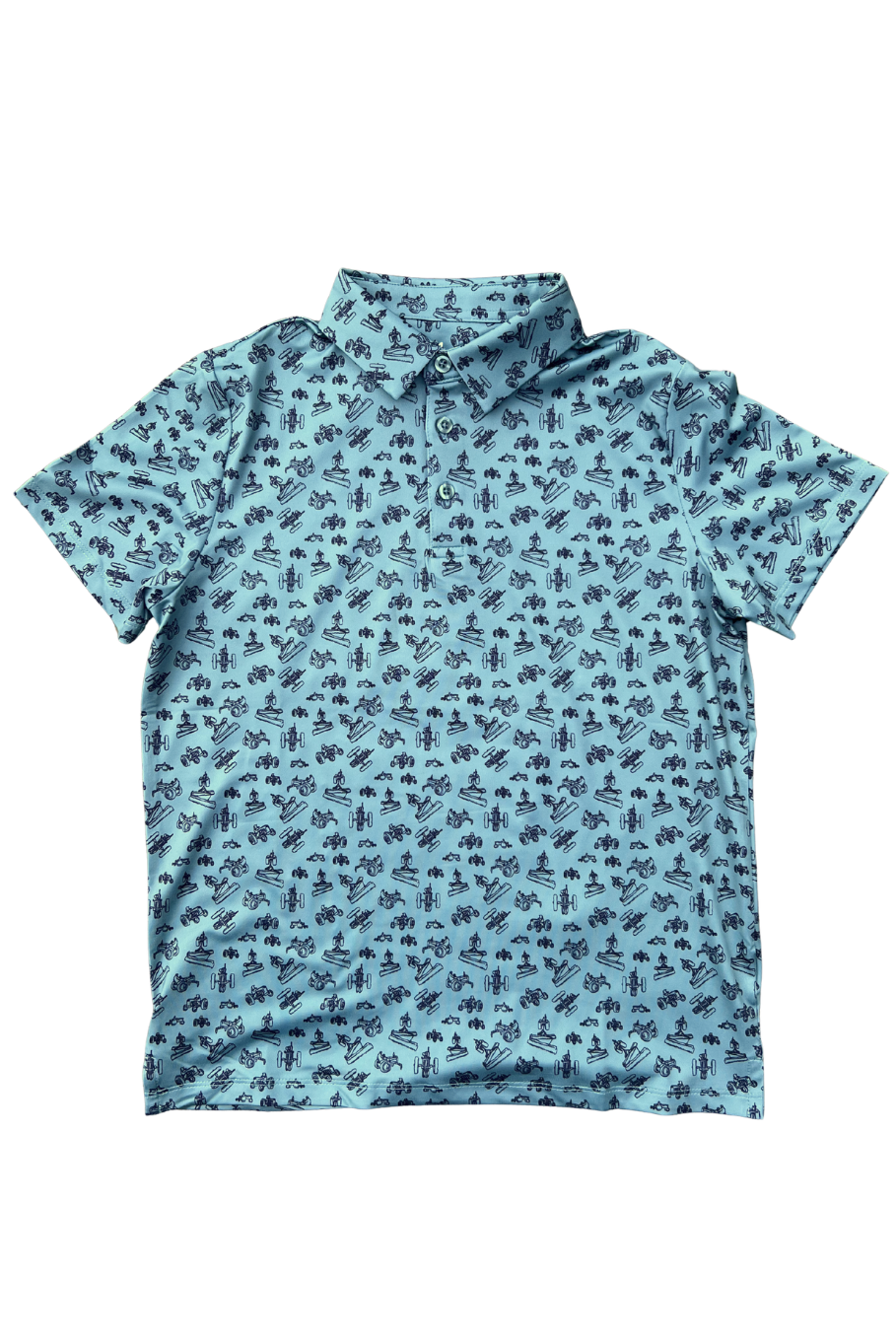 Front of green kids polo with vintage tractor print. 