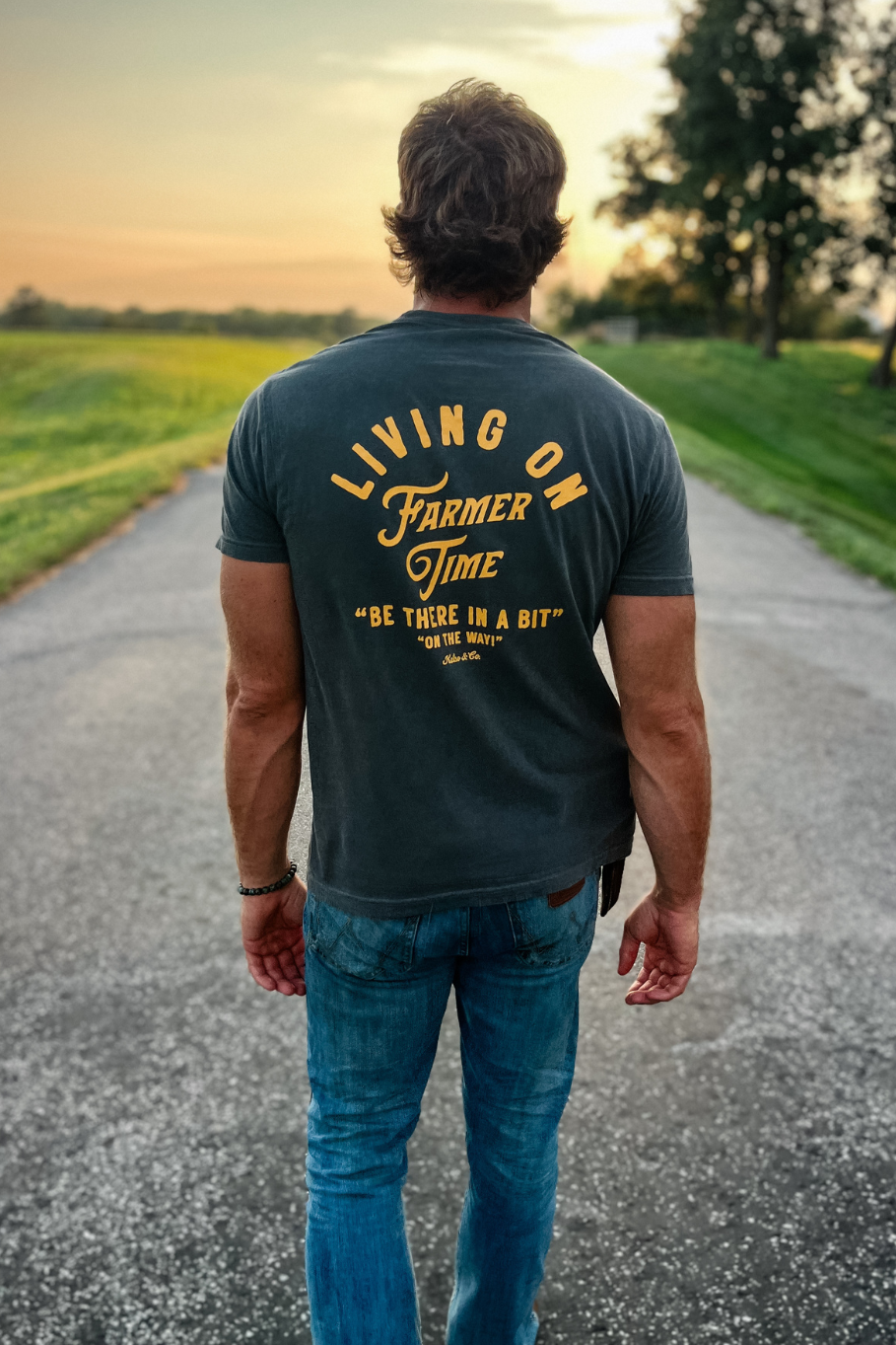 graphic tshirt with front and back design &quot;living on farmer time&quot; in comfort colors pepper
