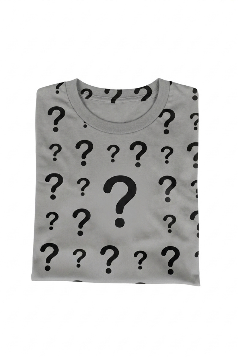 tshirt with question marks all over it representing our mystery graphic tee