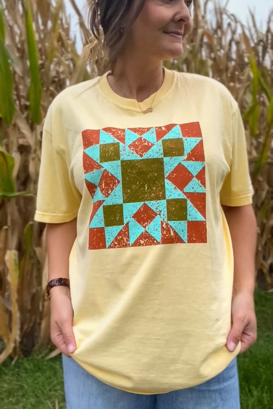 Distressed Barn Quilt Graphic Tee in Butter Yellow