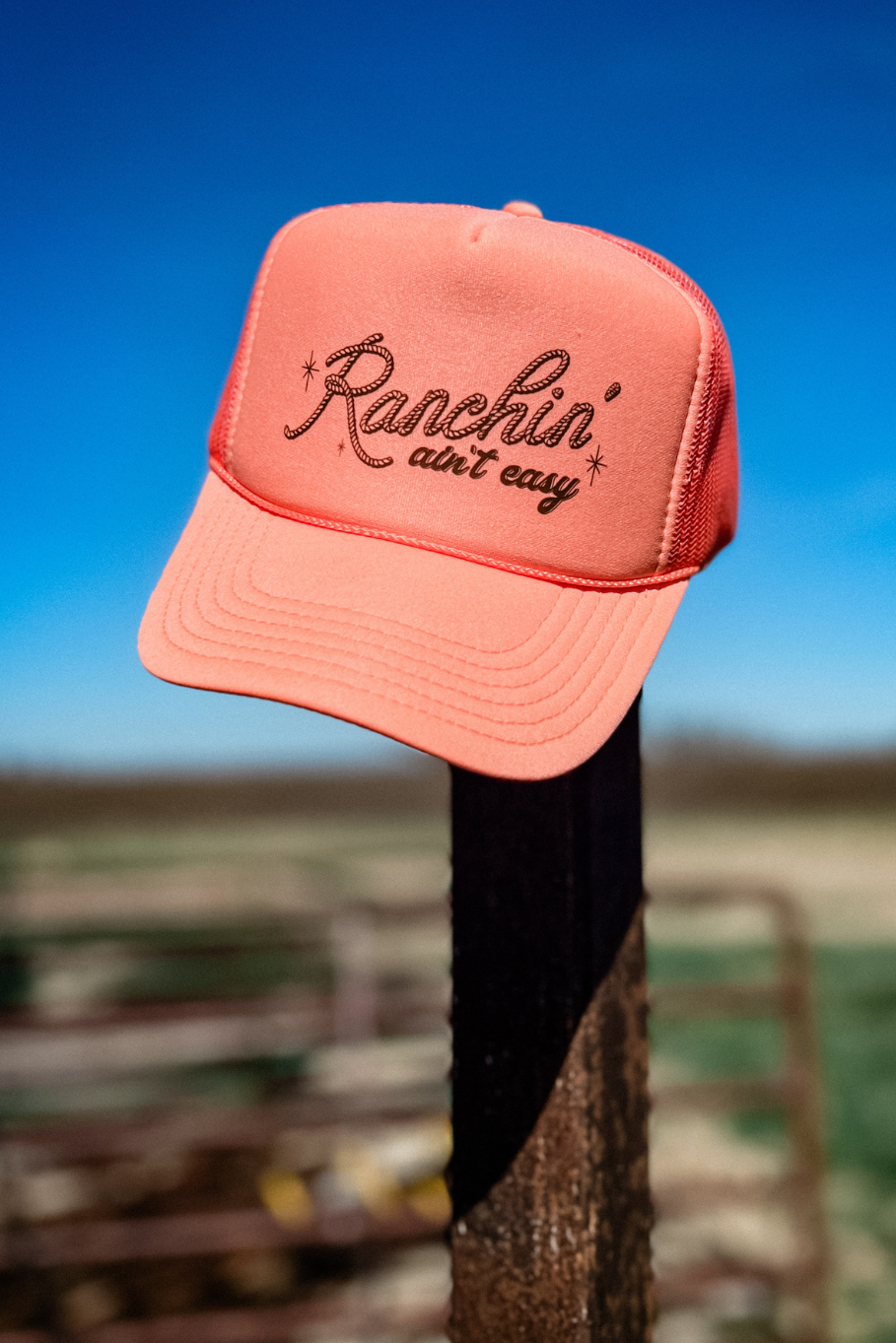 Ranchin&#39; Ain&#39;t Easy Trucker Hat in Coral/ Dark Olive