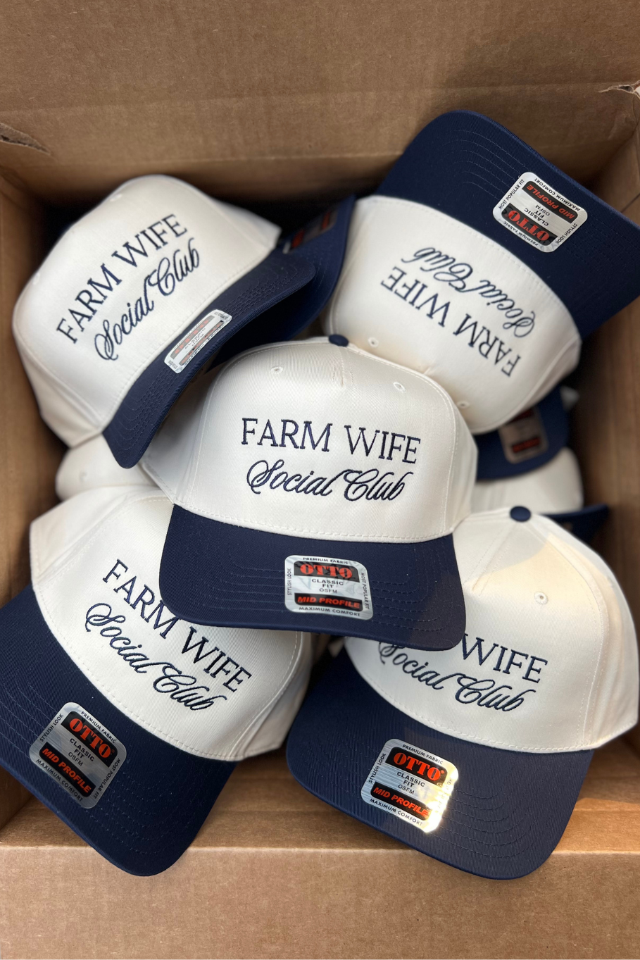 Farm wife social club embroidered trucker hats in a box