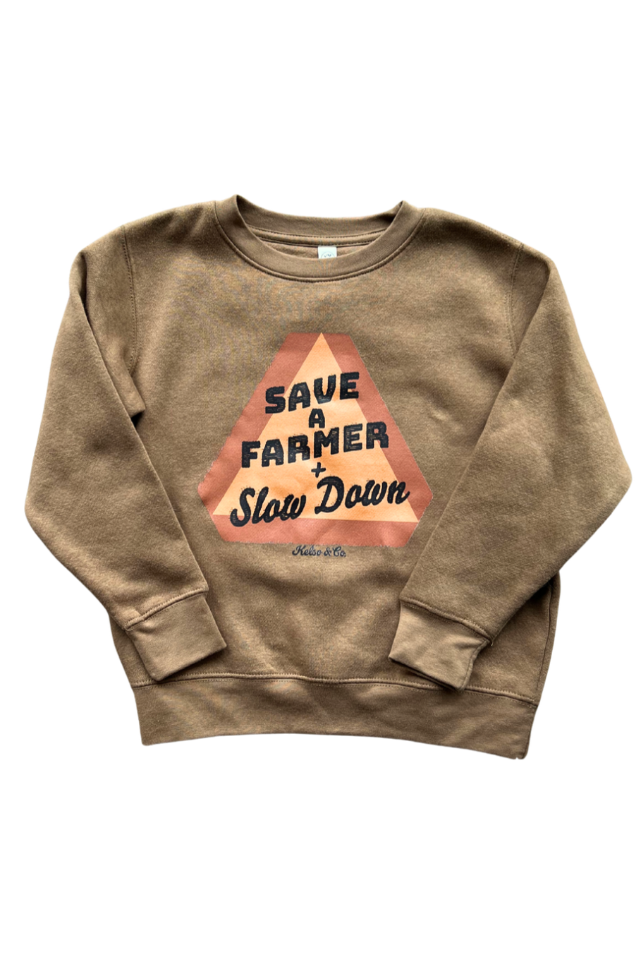 brown toddler and youth crewneck sweatshirt with slow moving vehicle sign "save a farmer and slow down"