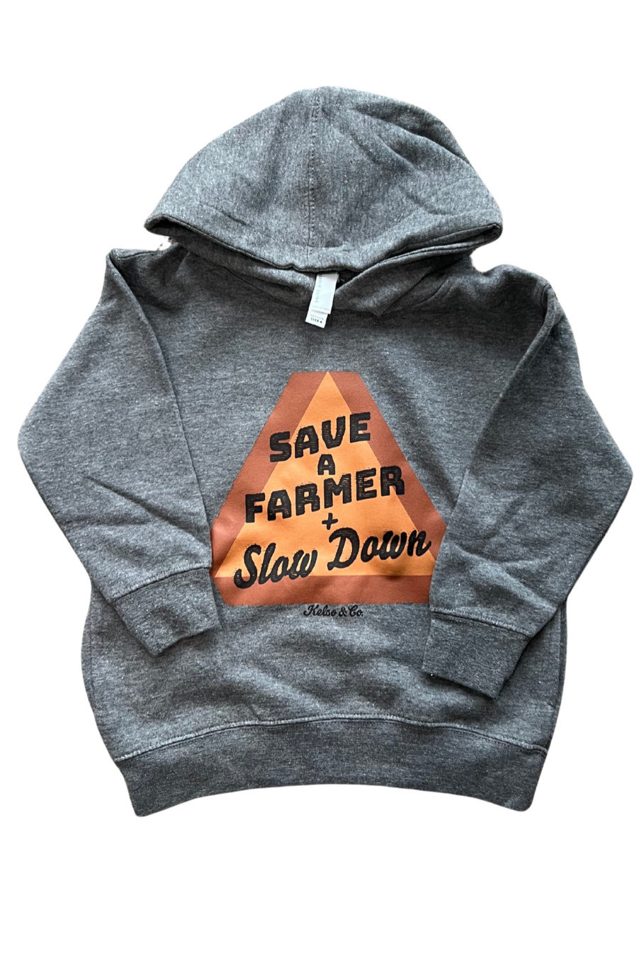 Slow moving vehicle sign on a gray heather kids hoodie that says "save a farmer and slow down"