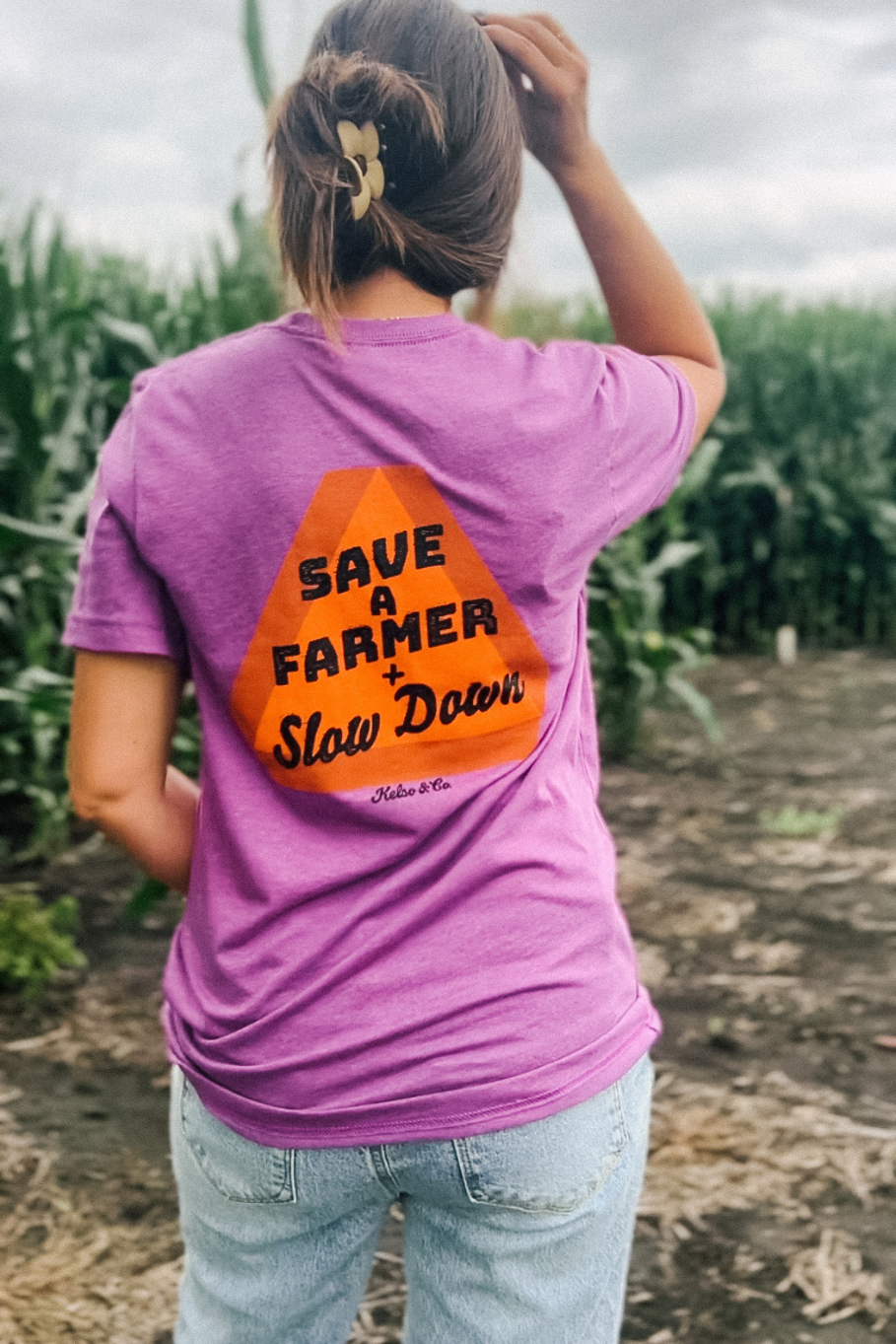 Save a Farmer and Slow Down tshirt with slow moving vehicle sign in a cornfield