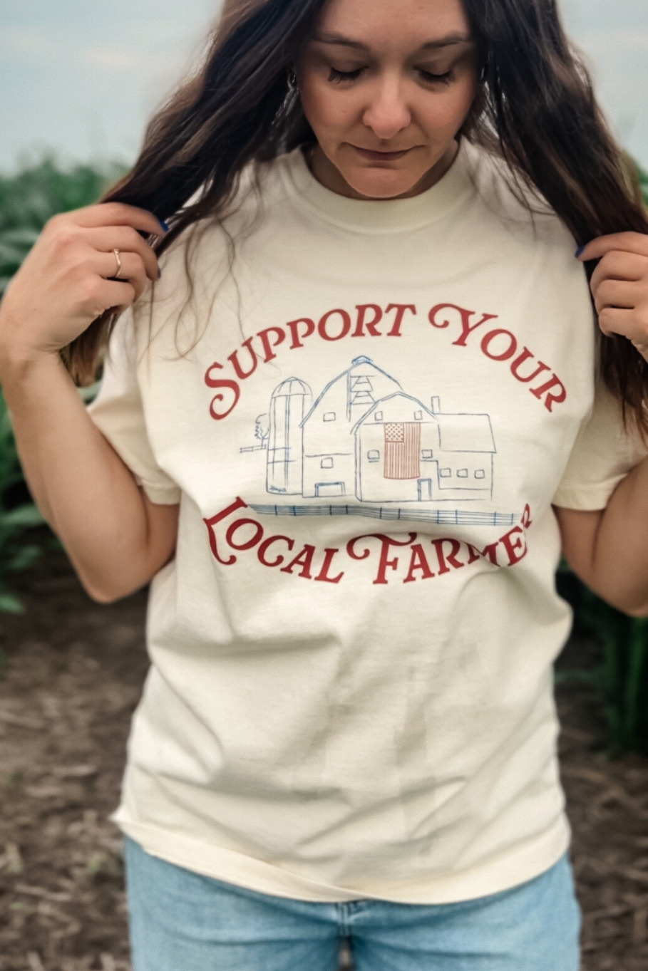 hand drawn barn with american flag support your local farmer