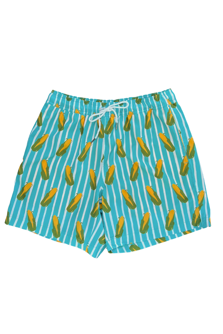 blue and white striped corn swim trunks