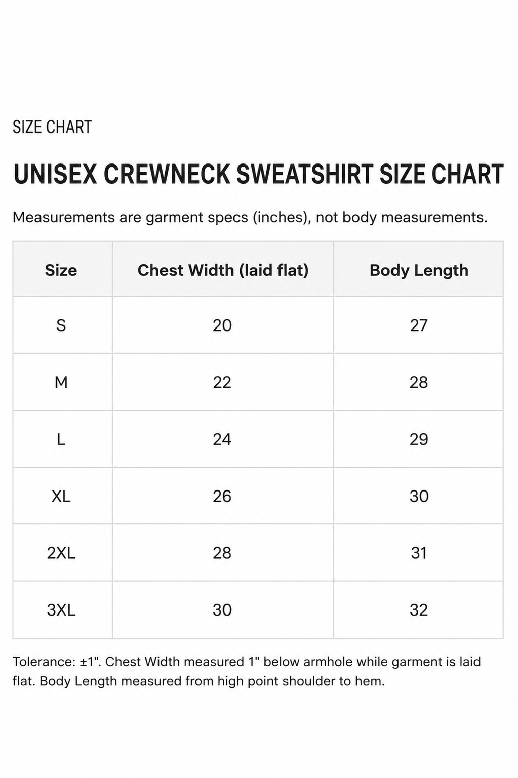 A size chart table for a unisex crewneck sweatshirt, showing sizes S through 3XL with chest width in inches laid flat and body length in inches.