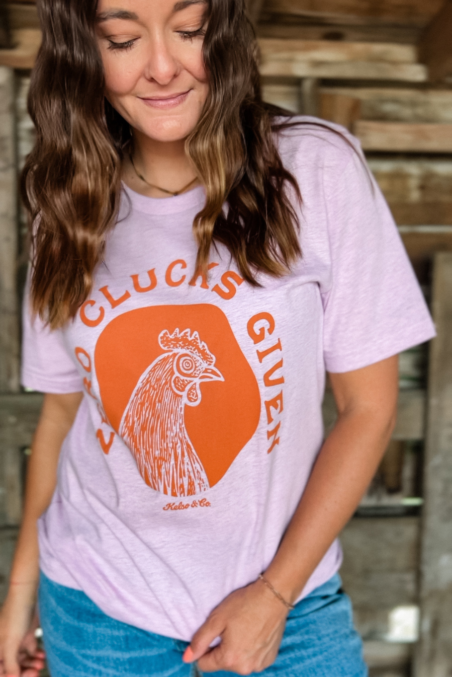 Lilac and orange chicken tshirt - zero clucks given