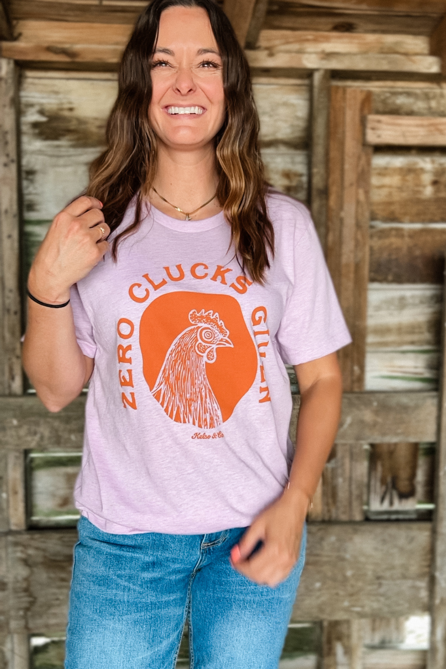 zero clucks given lilac and orange rooster tshirt